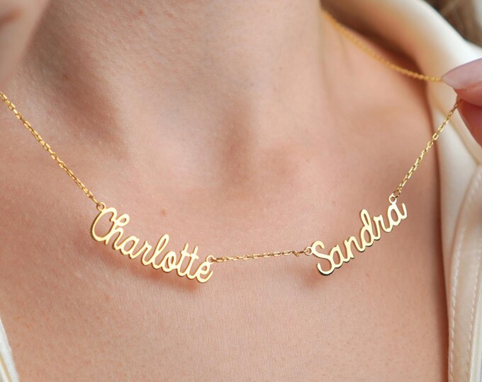 Custom Double Name Necklace, Personalized Name Pendant, Two Names Pendant for Couple, Family Jewelry in Gold, Mother Necklace