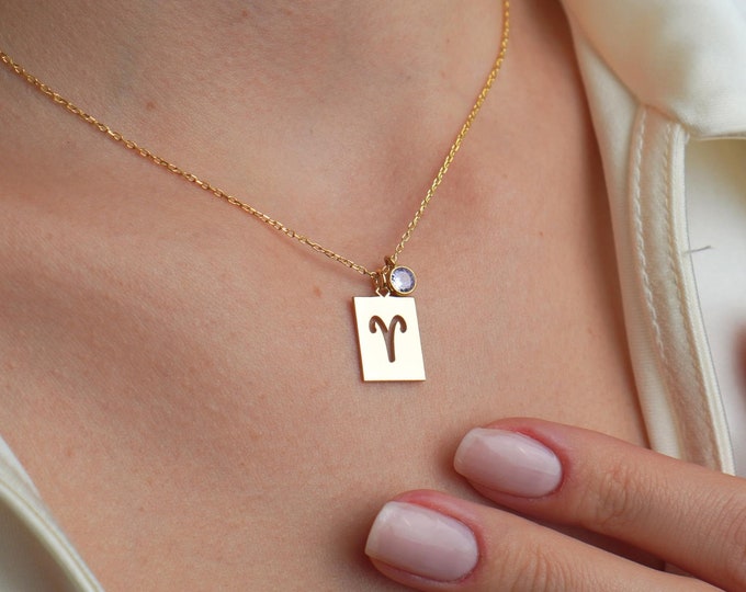 Gold Zodiac Necklace with Birthstone Charm, Personalized Astrology Jewelry for Women, Custom Horoscope Pendant, Unique Gift for Her