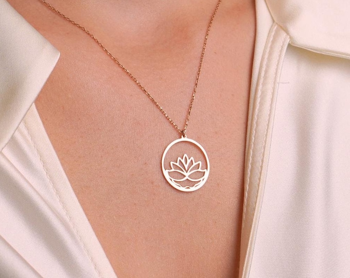 Elegant Lotus Necklace in 14K Gold, Circle Lotus Pendant, Minimalist Jewelry for Women, Spiritual Yoga Pendant, Christmas Gift