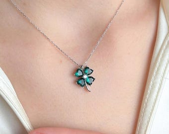 Clover Necklace, Silver Four Leaf Pendant, Dainty Sparkling Charm, Birthday Women Emerald Jewelry