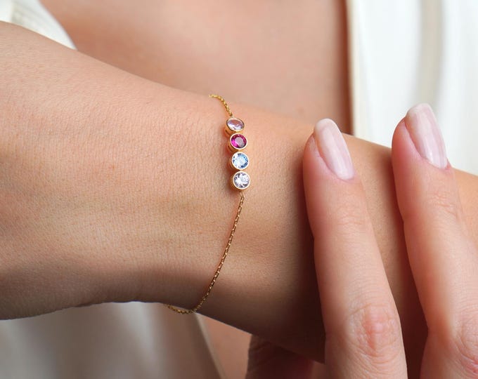 Personalized Birthstone Bracelet, Custom Family Birthstone Jewelry, Dainty Gold Bracelet, Minimalist Gift for Mom, Anniversary Gift for Her