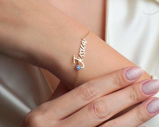 Personalized Name Bracelet with Birthstone, Custom Gold Name Jewelry, Dainty Birthstone Bracelet, Minimalist Nameplate Gift, Gift for Her