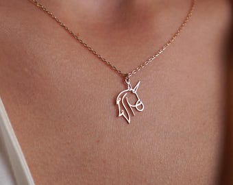 14K Solid Gold Unicorn Necklace, Dainty Mythical Pendant, Real Gold Jewelry for Women Kids