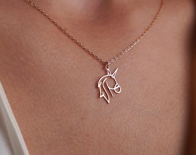 14K Solid Gold Unicorn Necklace, Dainty Mythical Pendant, Real Gold Jewelry for Women Kids