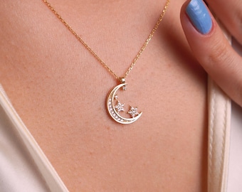 Gold Crescent Moon and Stars Necklace with Stones