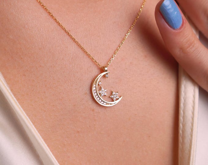 Gold Crescent Moon and Stars Necklace with Stones