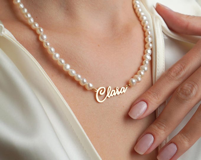 Pearl Name Necklace, Personalized Freshwater Pearl Strand for Women, Bridal Wedding Jewelry, Elegant Christmas Gift Accessory