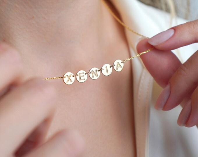 Custom Circle Letter Necklace, Personalized Disc Necklace with Letter Charms, Dainty Personalized Name Jewelry, Christmas Gift, Gift for Her