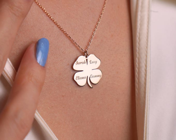 Clover Necklace Personalized Four-Leaf Lucky Pendant Custom Engraved Family Names Jewelry Gift for Her Christmas & New Mom Gift Idea