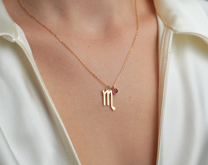 Gold Scorpio Zodiac Necklace with Birthstone – Custom Astrology Jewelry, Minimalist Horoscope Pendant, Gift for Her