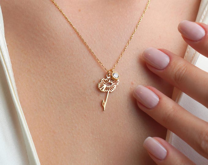 Gold Birth Flower Necklace with Birthstone Charm