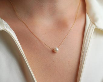 Single Pearl Necklace, Bridal Jewelry, Freshwater Pearl Pendant, Wedding Jewelry, Minimalist Round Necklace Silver, Bridesmaid Gift