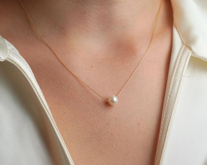 Single Pearl Necklace, Bridal Jewelry, Freshwater Pearl Pendant, Wedding Jewelry, Minimalist Round Necklace Silver, Bridesmaid Gift