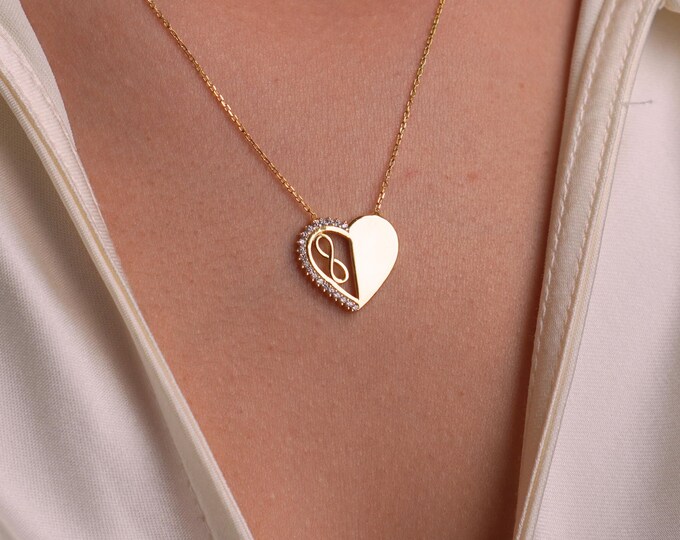 Gold Heart Necklace with Infinity Symbol, Elegant Personalized Jewelry for Women, Minimalist Gift for Her, Love Pendant, Christmas Gift