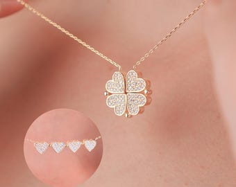 14K Gold Heart & Clover Necklace, gift for her, gift for women, heart pendant, magnetic jewely, gold clover necklace, birthday prese