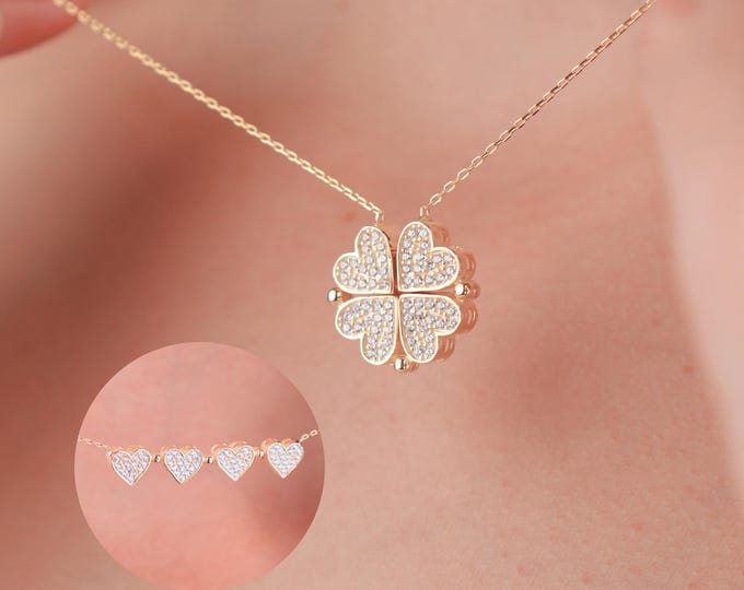 14K Gold Heart & Clover Necklace, gift for her, gift for women, heart pendant, magnetic jewely, gold clover necklace, birthday prese