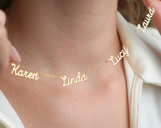 Family Name Necklace, Custom Multiple Name Pendant in 14K Gold, Personalized Family Jewelry Gift for Mom Christmas Present