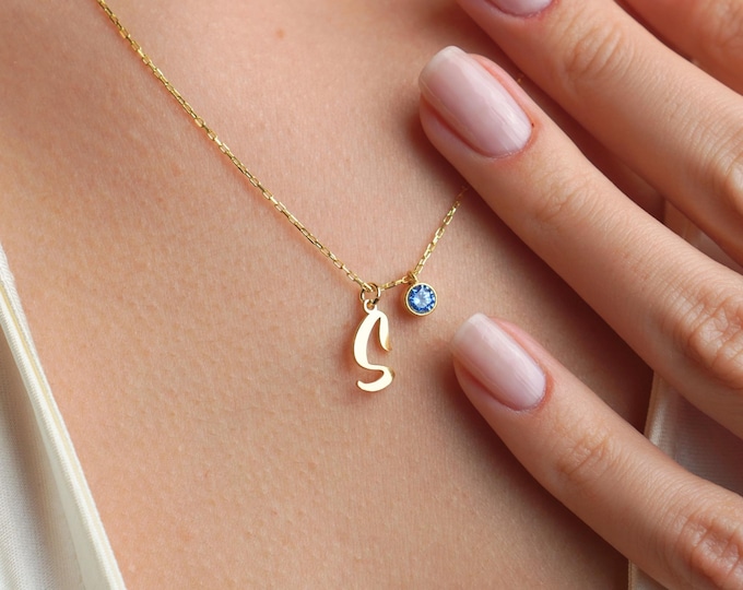 Gold Initial Necklace with Birthstone Charm