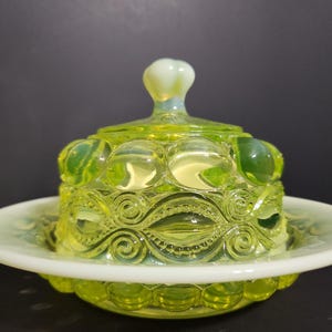Mosser Vaseline Glass Topaz Opalescent Eyewinker Butter Dish