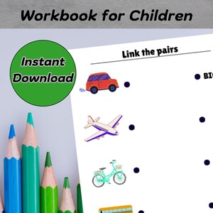 Könnte beinhalten: Ein Arbeitsblatt für Kinder mit einem Bild von einem Auto, einem Fahrrad, einem Bus, einem Schiff und einem Flugzeug. Das Arbeitsblatt fordert die Kinder auf, die Paare von Fahrzeugen mit ihren Namen zu verbinden.