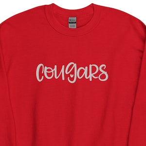 Embroidered COUGARS Sweatshirt, Sweetheart COUGARS Spirit wear, Fall Football, Cozy, PTO, Teachers, Cougar Mascot, Gildan Unisex Crew