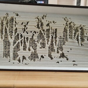 Peut inclure: Sculpture d'art de livre fait à la main représentant une scène de forêt sculptée dans les pages. Le livre ouvert révèle un motif complexe d'arbres et de feuillage. Les bords des pages sont visibles, créant un effet de superposition. Le livre a une couverture marron foncé.