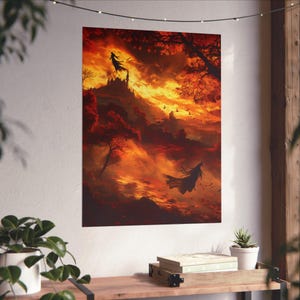 May include: A digital painting depicting a fantasy landscape with a fiery sunset. Two figures in black robes fly through the air, silhouetted against the orange and red sky. A castle can be seen in the distance.