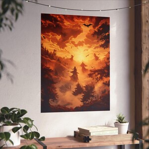 May include: A digital painting depicting a group of figures in silhouette, standing in a misty forest with a fiery orange sky. The figures are wearing robes and appear to be casting spells or performing some kind of ritual.