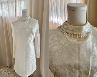 Vintage 60s Mod Dress, Bridal Dress, Sheer Sleeve Wedding Dress