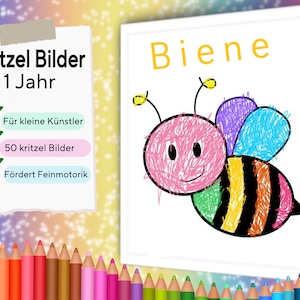 Może przedstawiać: Drukowana strona do kolorowania przedstawiająca pszczołę z różowym ciałem, żółto-czarnymi paskami i kolorowymi skrzydłami. Tytuł "Biene" jest napisany na żółto u góry strony. Strona jest częścią zestawu 50 drukowanych stron do kolorowania dla dzieci w wieku od 1 roku.