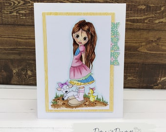 Spring Girl With Animals Card