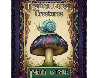 Könnte beinhalten: Ein Malbuch mit dem Titel "Mystical Forest Creatures" mit einer Schnecke auf einem Pilz. Das Buch hat einen lila-türkisfarbenen Einband mit goldenen Akzenten und den Worten "Tarot Style Coloring Book".