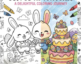 Könnte beinhalten: Ein Malbuch mit dem Titel "Easter Bunny's Joyful Adventures" mit geteiltem Design. Eine Seite ist eine Schwarz-Weiß-Umrisszeichnung von Hasen, Blumen und Eiern. Die andere Seite ist eine farbige Illustration von Hasen, einem Kuchen und einer Landschaft.