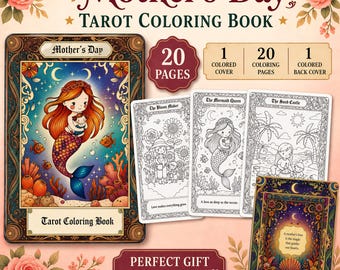 Könnte beinhalten: Ein Mother's Day Tarot Malbuch mit einer Meerjungfrau-Illustration auf dem Cover. Das Buch enthält 20 Ausmalseiten und einen farbigen Einband und Rückseite. Der Text lautet "Perfektes Geschenk für Mütter & Lieben".