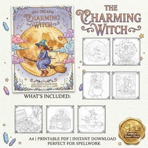 K&ouml;nnte beinhalten: Digitaler Download eines Malbuchs mit dem Titel "The Charming Witch". Das Cover zeigt eine Hexe auf einem Besen vor einem Vollmond. Das Buch enth&auml;lt verschiedene Malvorlagen mit Illustrationen zum Thema Hexen. Der Text lautet "Malbuch f&uuml;r Hexen jeden Alters."