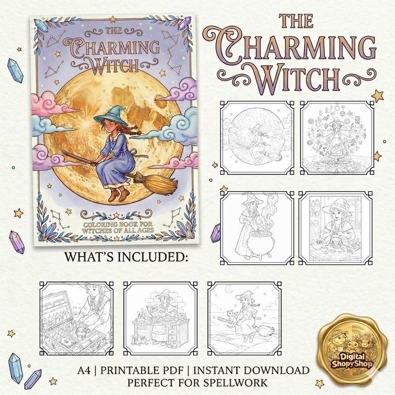 K&ouml;nnte beinhalten: Digitaler Download eines Malbuchs mit dem Titel "The Charming Witch". Das Cover zeigt eine Hexe auf einem Besen vor einem Vollmond. Das Buch enth&auml;lt verschiedene Malvorlagen mit Illustrationen zum Thema Hexen. Der Text lautet "Malbuch f&uuml;r Hexen jeden Alters."