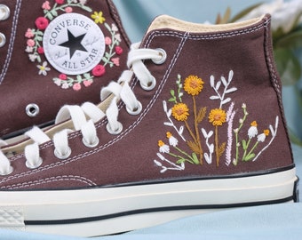 Custom Wedding Converse High Tops, Bridal Flowers Embroidered Shoes, Wedding Flowers Embroidered Sneakers, Personalized Gifts for Girlfriend