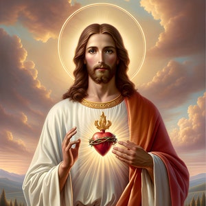 Sagrado Corazón de Jesús 04 - Descarga digital - Religioso - Jesús - 300 dpi - Tamaños = Carta, A3, A4, A5, A6 - Impresión artística AI - Imagen imprimible