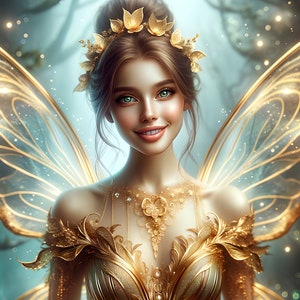 Wunderschöne Goldfee 22 - Digital Download - Feen - Fantasie - 300 dpi - Größen = Letter, A3, A4, A5, A6 - AI Kunstdruck - druckbares Bild