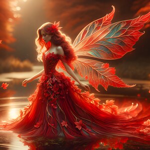 Wunderschöne rote Fee 01 - Digital Download - Feen - Fantasie - 300 dpi - Größen = Letter, A3, A4, A5, A6 - AI Kunstdruck - druckbares Bild