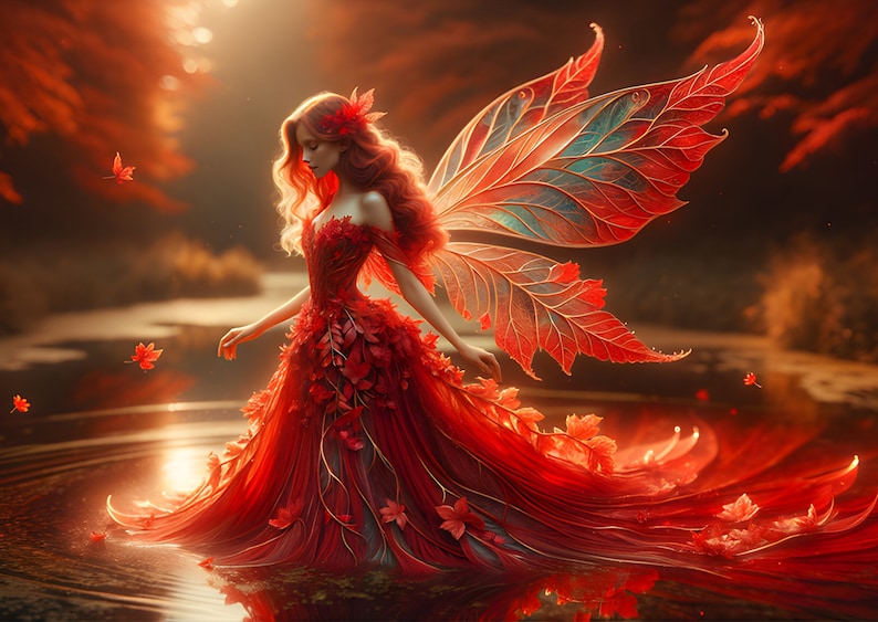 May include: A fairy with red hair and a red dress with leaf accents stands in a pool of water. The fairy has large red and blue wings with leaf veins. The background is a blurred image of a forest with a sunset sky.