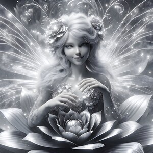 Wunderschöne silberne Fee 10 - Digital Download - Feen - Fantasy - 300 dpi - Größen=Letter, A3, A4, A5, A6 - AI Art Print - Druckbares Bild
