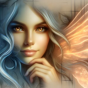 Wunderschöne Goldfee 16 - Digital Download - Feen - Fantasie - 300 dpi - Größen = Letter, A3, A4, A5, A6 - AI Kunstdruck - Druckbares Bild