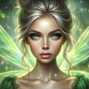 Wunderschöne grüne Fee 02 - Digital Download - Feen - Fantasie - 300 dpi - Größen= Letter, A3, A4, A5, A6 - AI Kunstdruck - Druckbares Bild