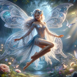 Beautiful Silver Fairy 02 - Descarga digital - Hadas - Fantasía - 300 ppp - Tamaños = Carta, A3, A4, A5, A6 - Impresión de arte AI - Imagen imprimible