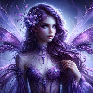 Wunderschöne lila Fee 01 - Digital Download - Feen - Fantasy - 300 dpi - Größen=Letter, A3, A4, A5, A6 - AI Art Print - Druckbares Bild