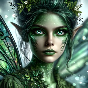 Wunderschöne grüne Fee 13 - Digital Download - Feen - Fantasie - 300 dpi - Größen= Letter, A3, A4, A5, A6 - AI Art Print - Druckbares Bild