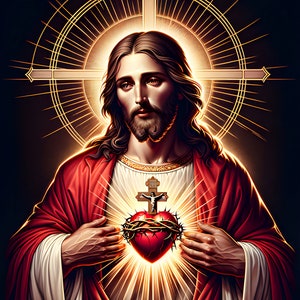 Sagrado Coração de Jesus 02 - Download digital - Religioso - Jesus - 300 dpi - Tamanhos = Carta, A3, A4, A5, A6 - AI Art Print - Imagem para impressão