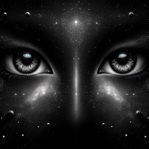 Schöne schwarze Augen - Digitaler Download - Fantasie - Kosmisch - 300 dpi - Größen = Letter, A3, A4, A5, A6 - AI Art Print - Druckbares Bild