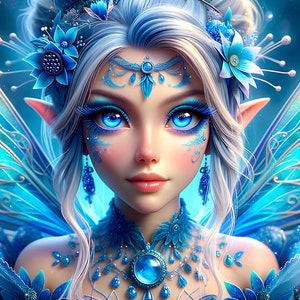 Wunderschöne blaue Fee 04 - Digital Download - Feen - Fantasie - 300 dpi - Größen = Letter, A3, A4, A5, A6 - AI Kunstdruck - druckbares Bild